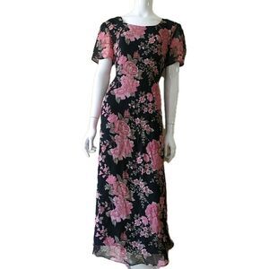 Caren Desiree Company Maxi Dress 14/M*Black Pink Floral Asian Fairy Cottagecore